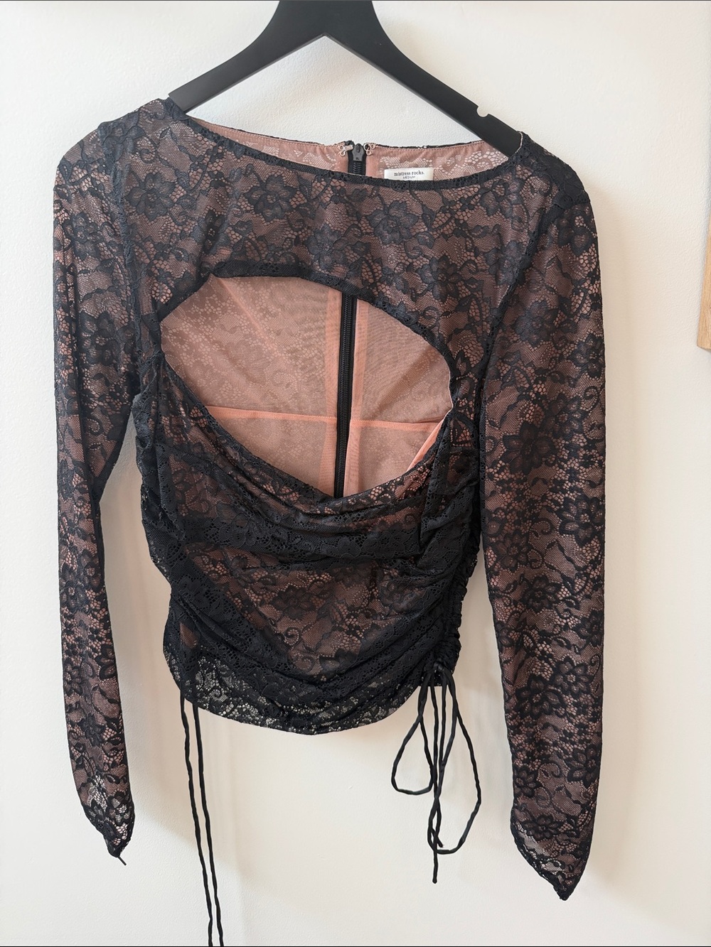 Black Lace Long-Sleeve Sheer Top with Cutout Back